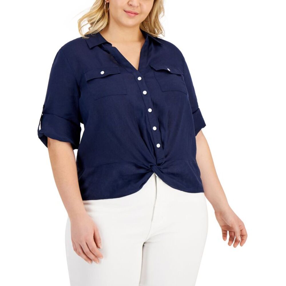 INC International Concepts Plus Size Linen Twist Hem Top